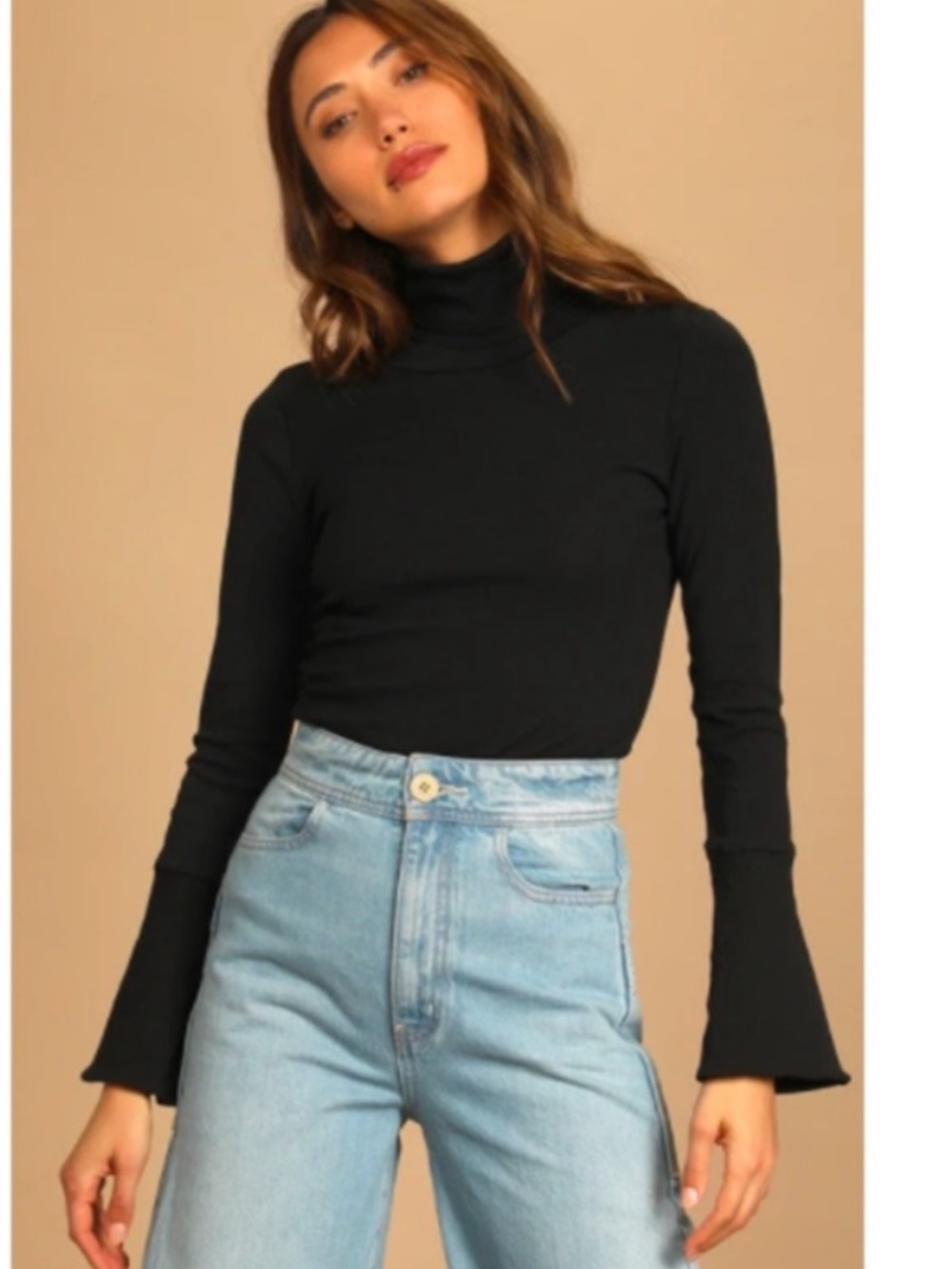Free People Black Ribbed Sydney Bell Sleeve Turtleneck
